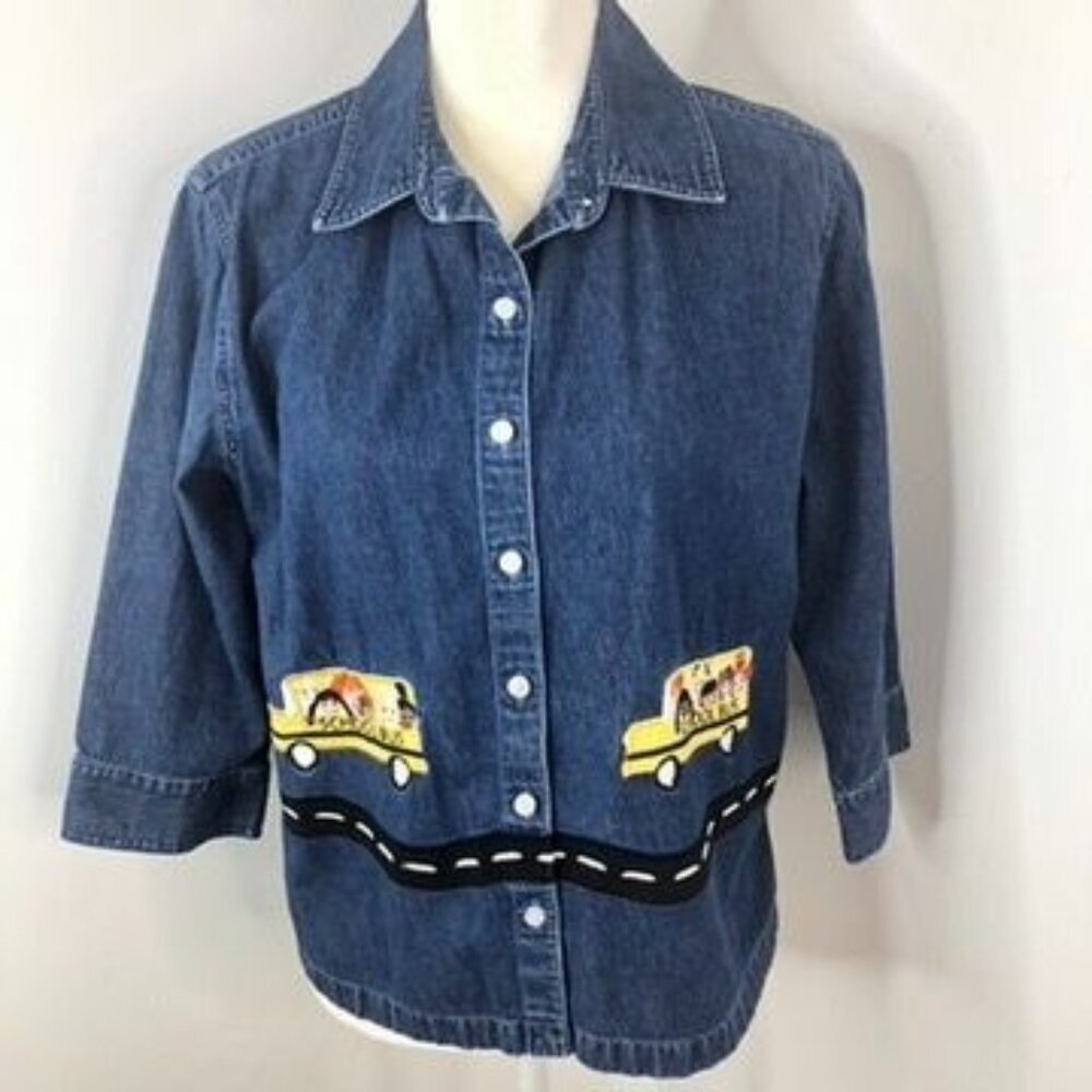 Bechamel Petites Womens Denim Button Shirt Jacket Sz PM School Bus Embroidered